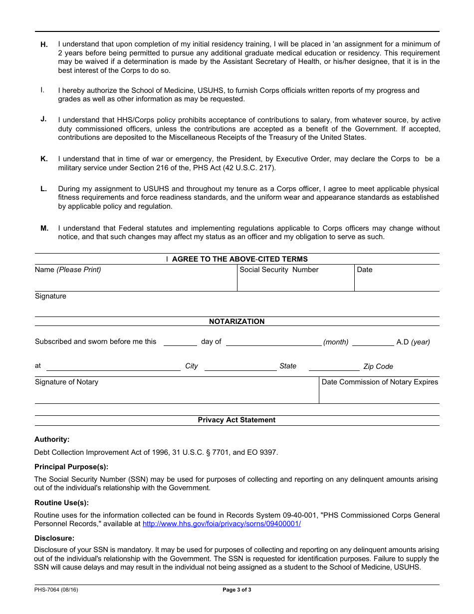 Form PHS-7064 Training Agreement, Page 3
