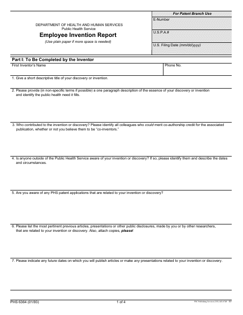 Form PHS-6364 Employee Invention Report