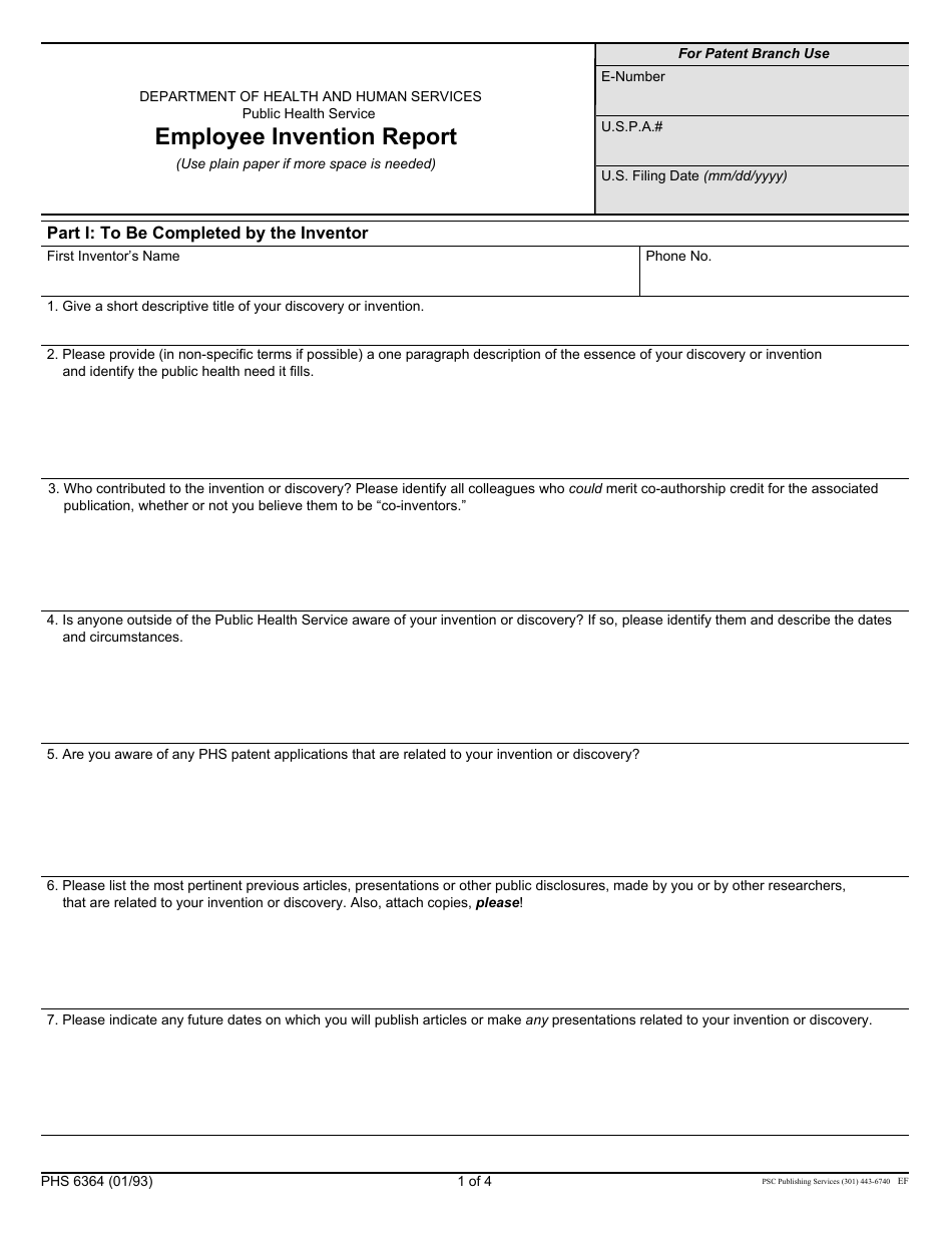 Form PHS-6364 Employee Invention Report, Page 1