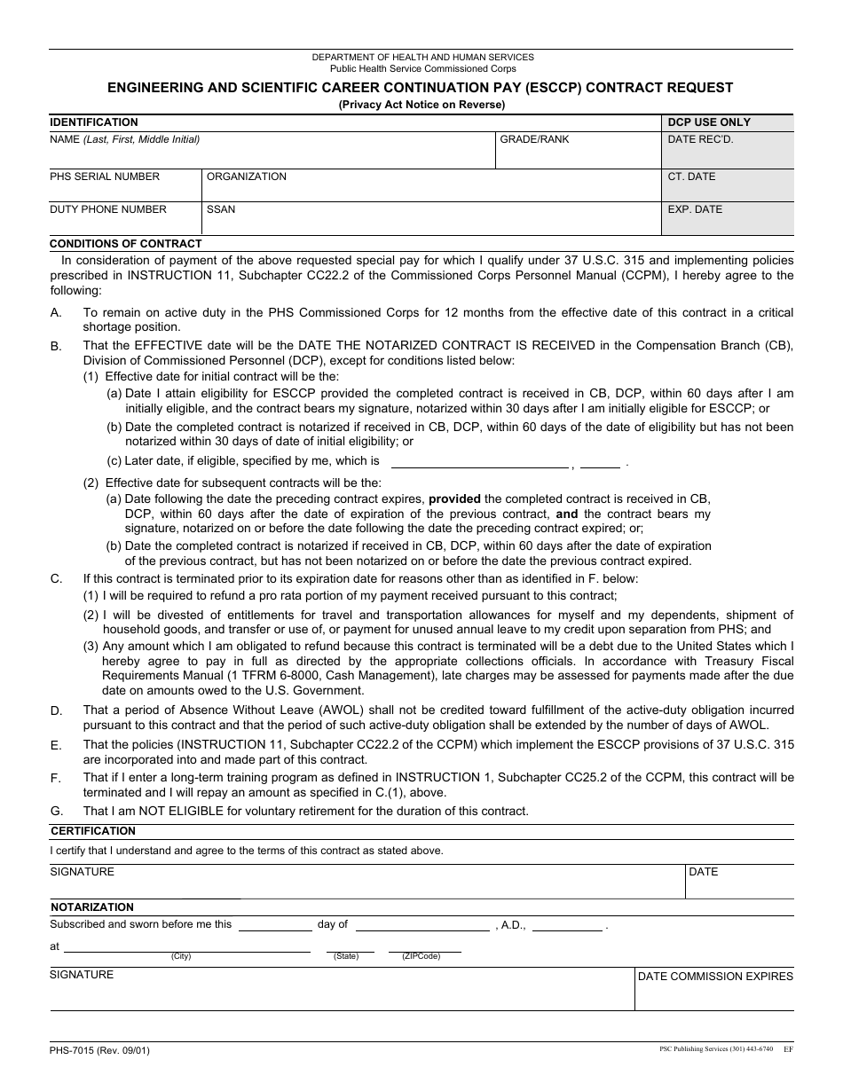 Form PHS-7015 Engineering and Scientific Career Continuation Pay (Esccp) Contract Request, Page 1