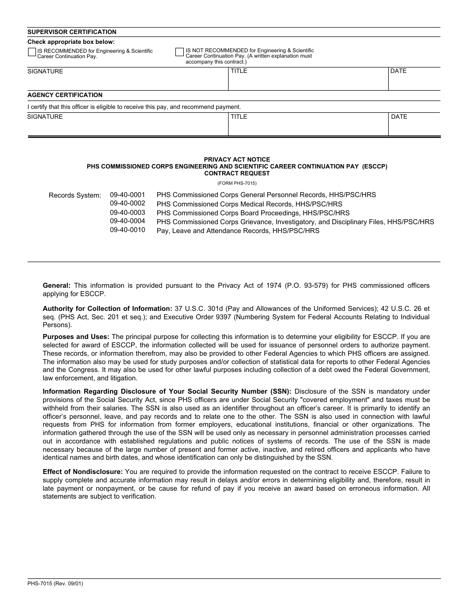 Form PHS-7015 Engineering and Scientific Career Continuation Pay (Esccp) Contract Request, Page 2