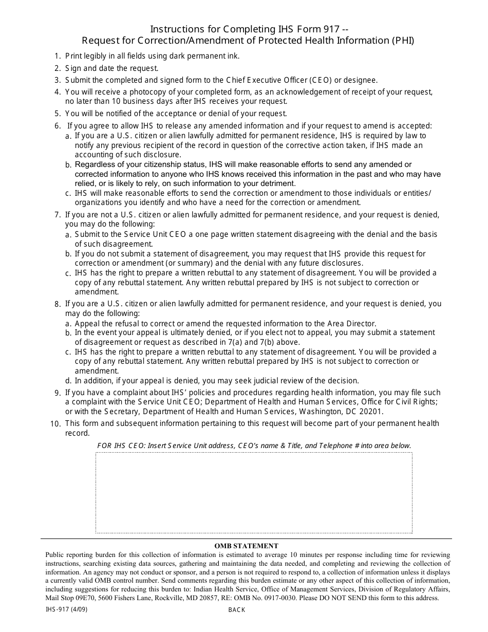 Form IHS-917 Request for Correction / Amendment of Protected Health Information, Page 2