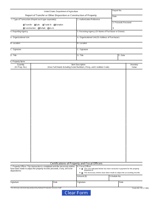 Form AD-107 Report of Transfer or Other Disposition or Construction of Property