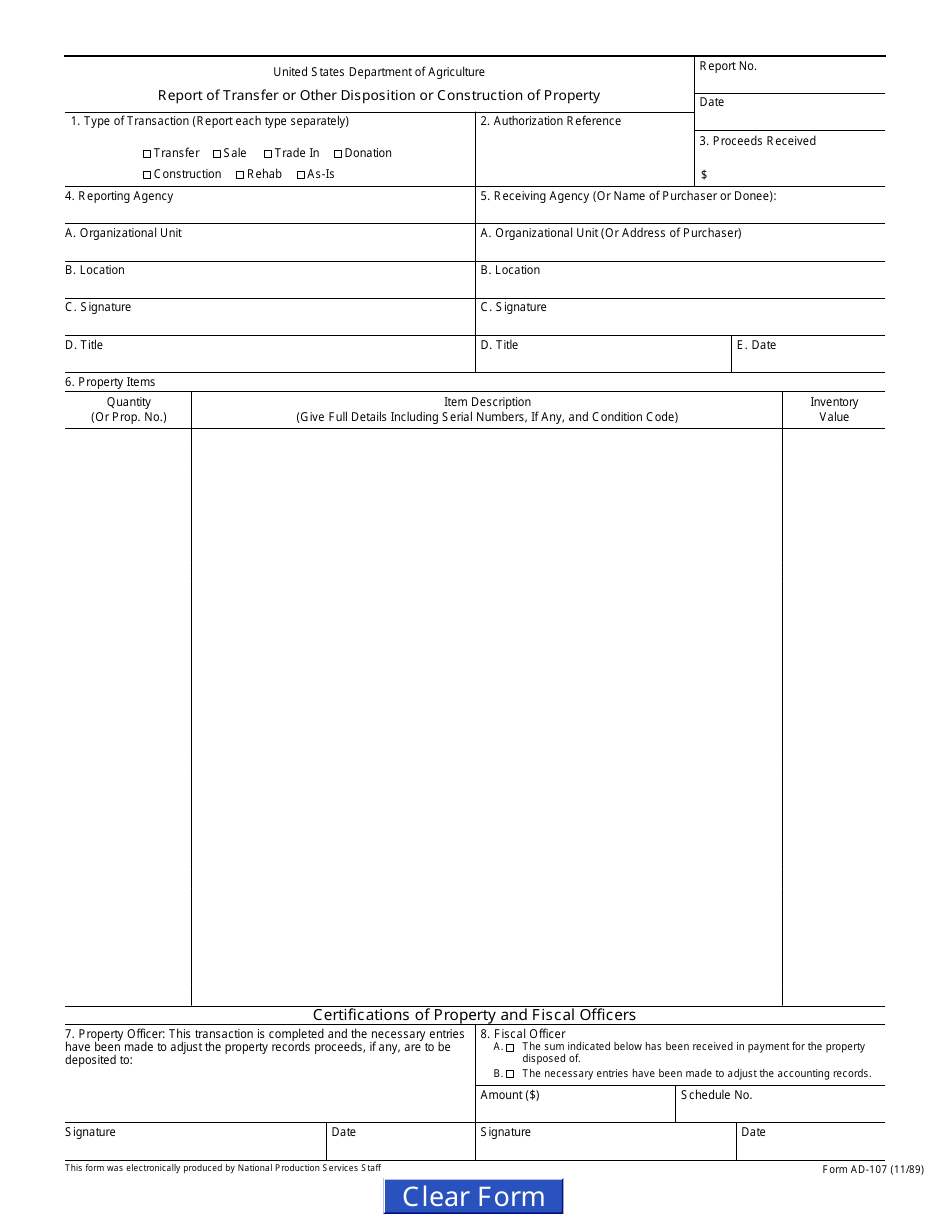 Form AD-107 Report of Transfer or Other Disposition or Construction of Property, Page 1