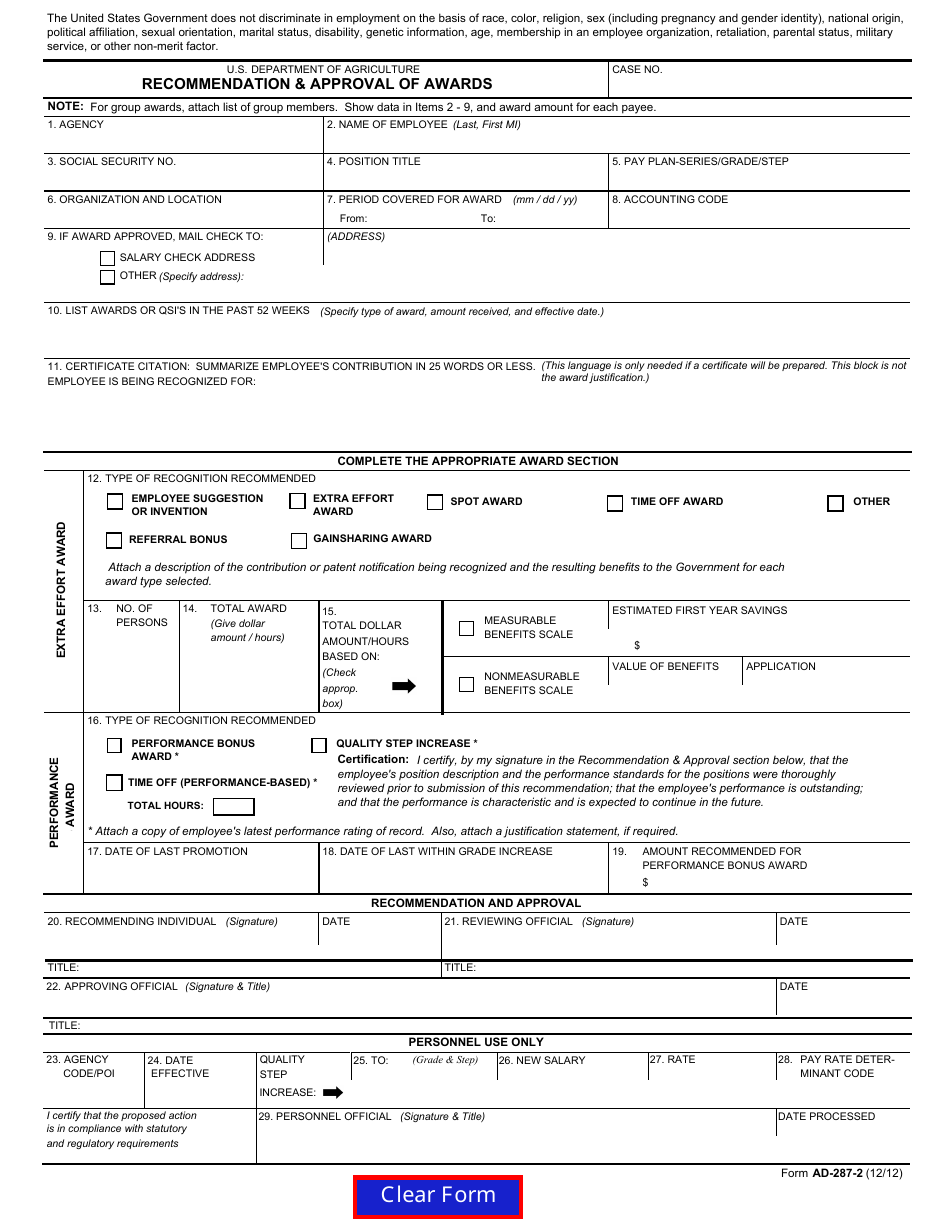 Form AD-287-2 Recommendation  Approval of Awards, Page 1