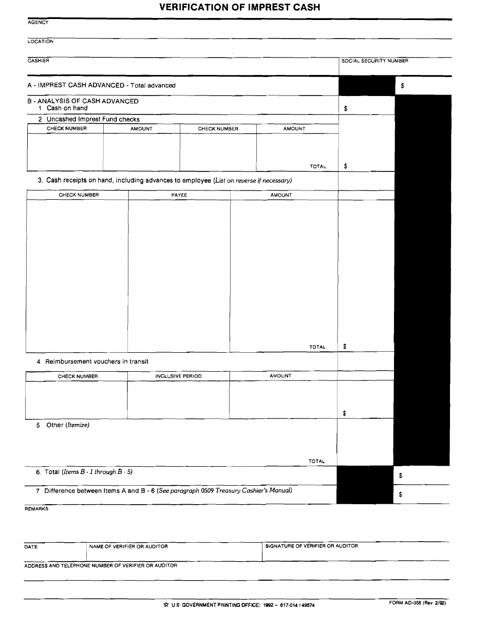 Form AD-358 Verification of Imprest Cash, Page 1