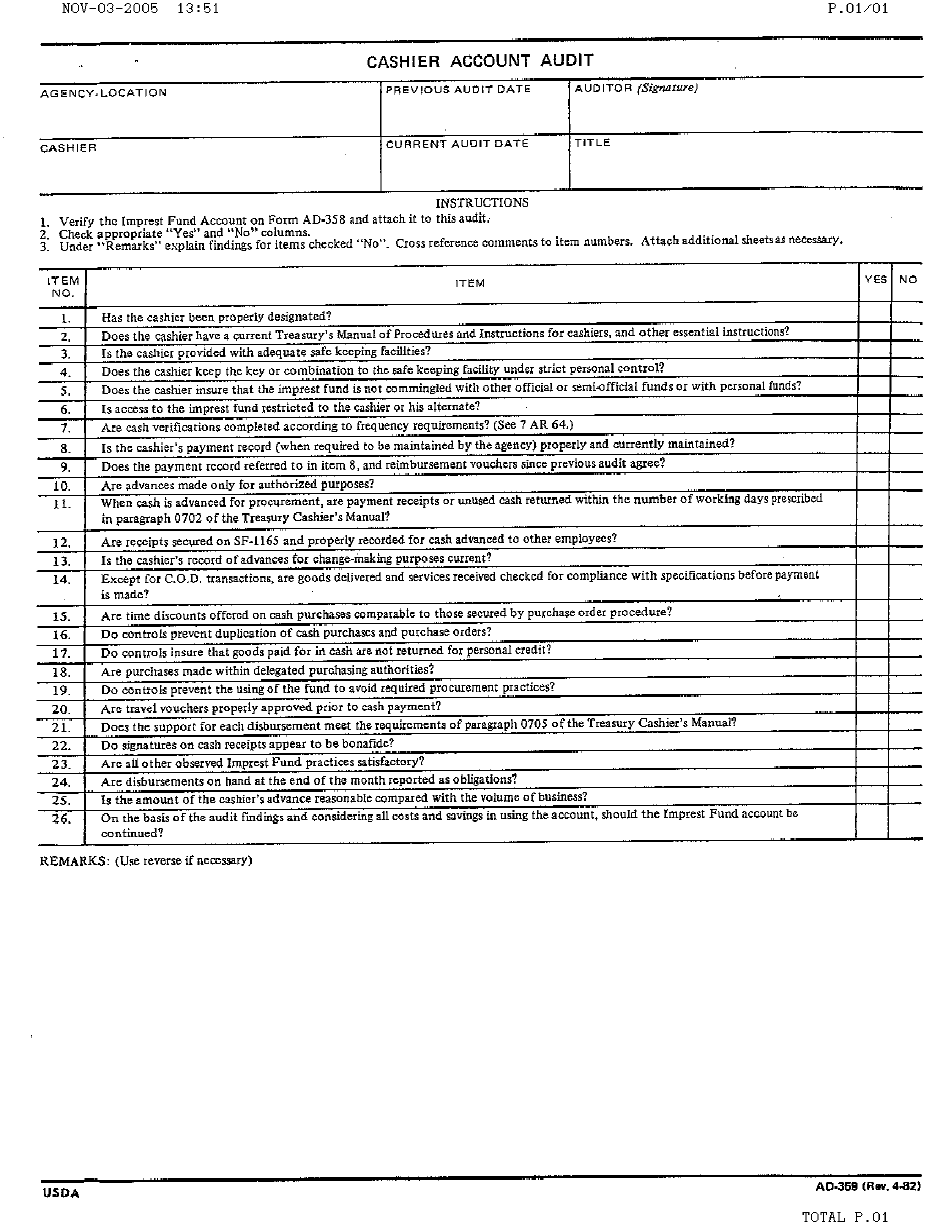 Form AD-359 Cashier Account Audit, Page 1