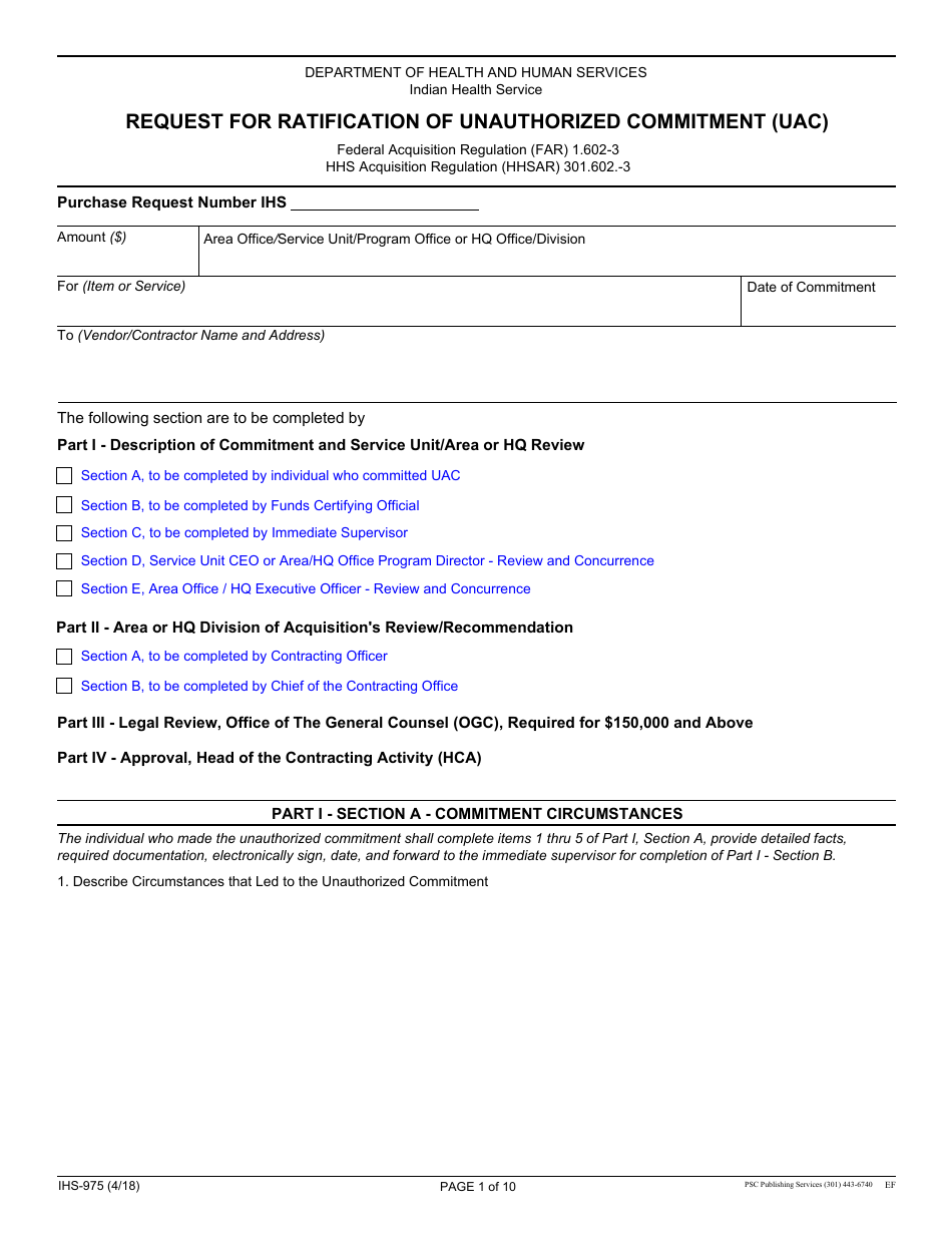 Form IHS-975 - Fill Out, Sign Online And Download Fillable PDF ...