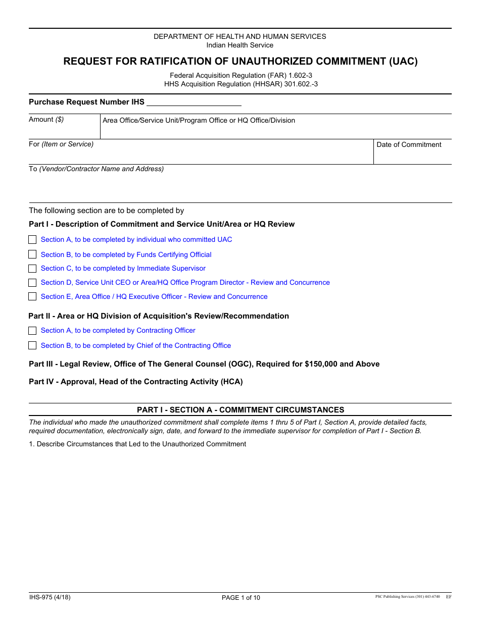 Form IHS-975 Request for Ratification of Unauthorized Commitment (Uac), Page 1