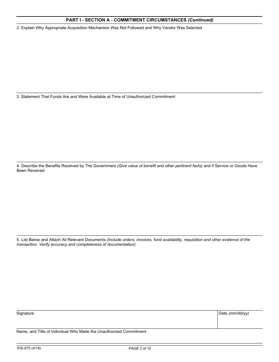 Form IHS-975 Request for Ratification of Unauthorized Commitment (Uac), Page 2
