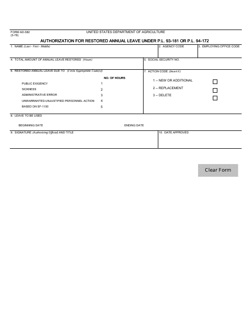 Form AD-582 Authorization for Restored Annual Leave Under P.l. 93-181 or P.l. 94-172