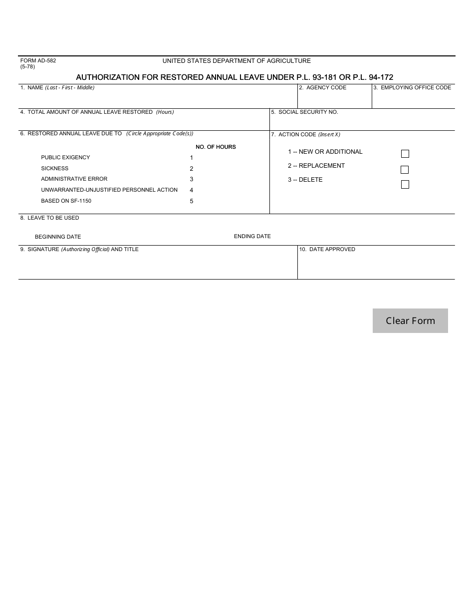 Form AD-582 Authorization for Restored Annual Leave Under P.l. 93-181 or P.l. 94-172, Page 1