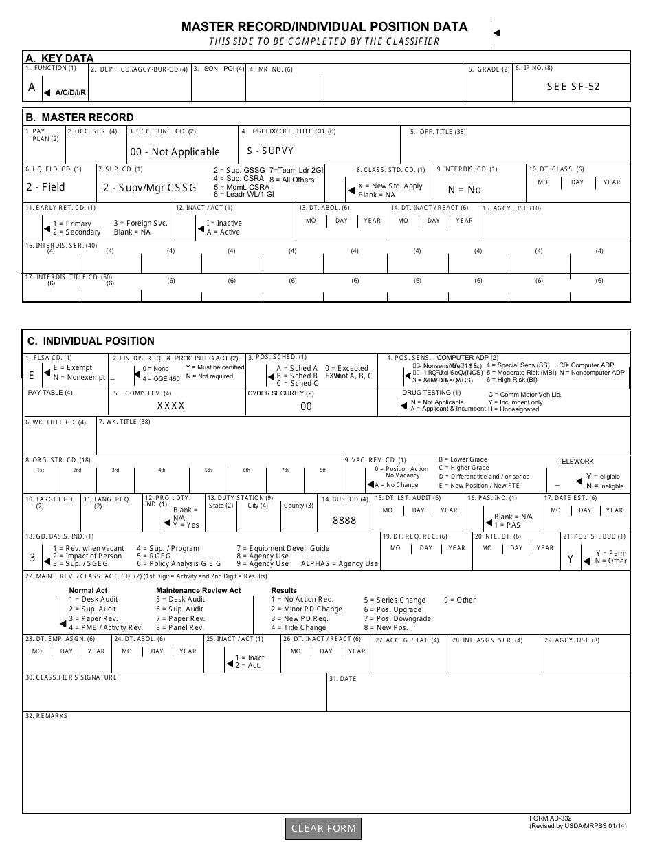 Form AD-332 Position Description Cover Sheet, Page 2