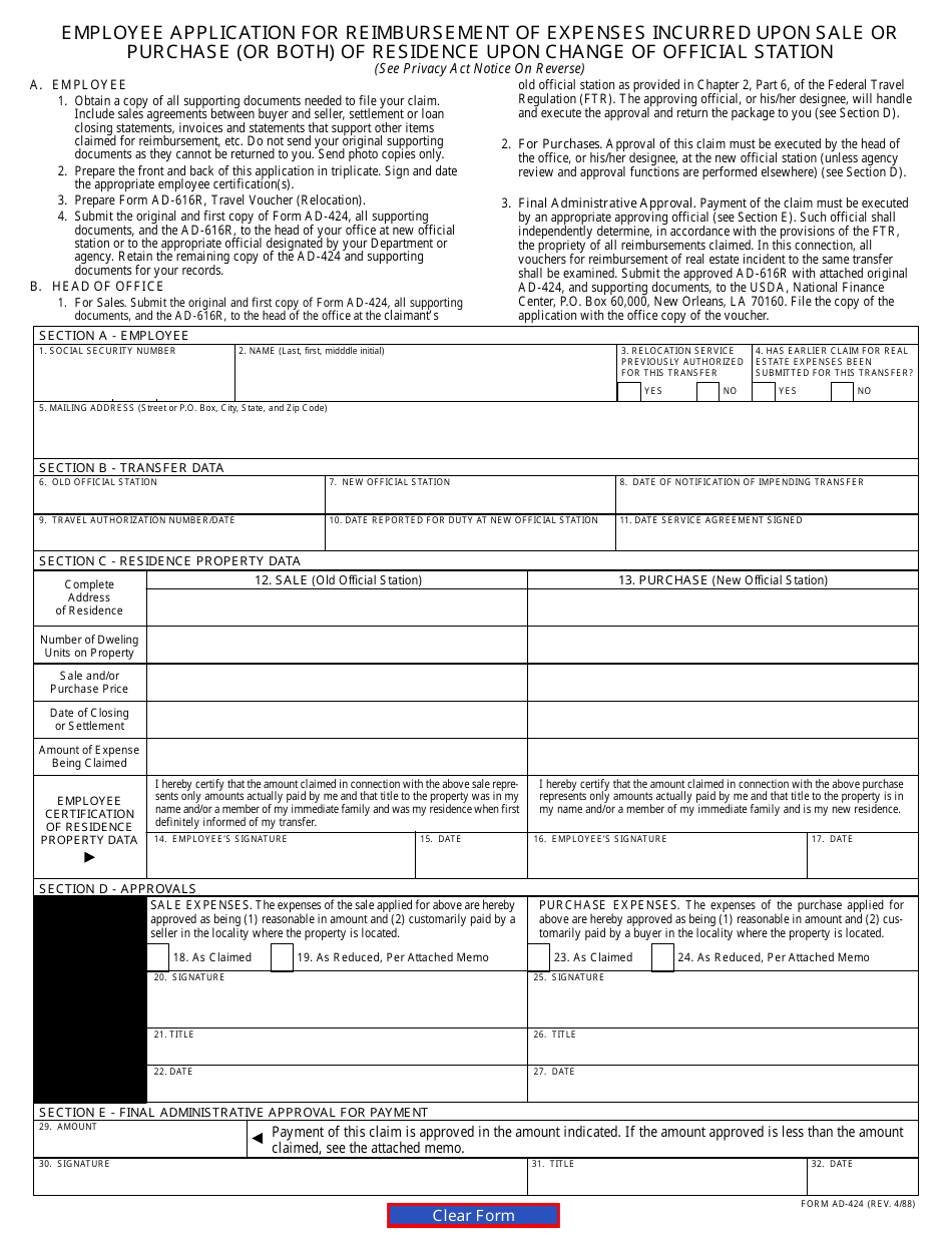 Form AD-424 Employee Application for Reimbursement of Expenses Incurred Upon Sale or Purchase (Or Both) of Residence Upon Change of Official Station, Page 1