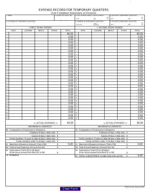 Form AD-569 Expense Record for Temporary Quarters