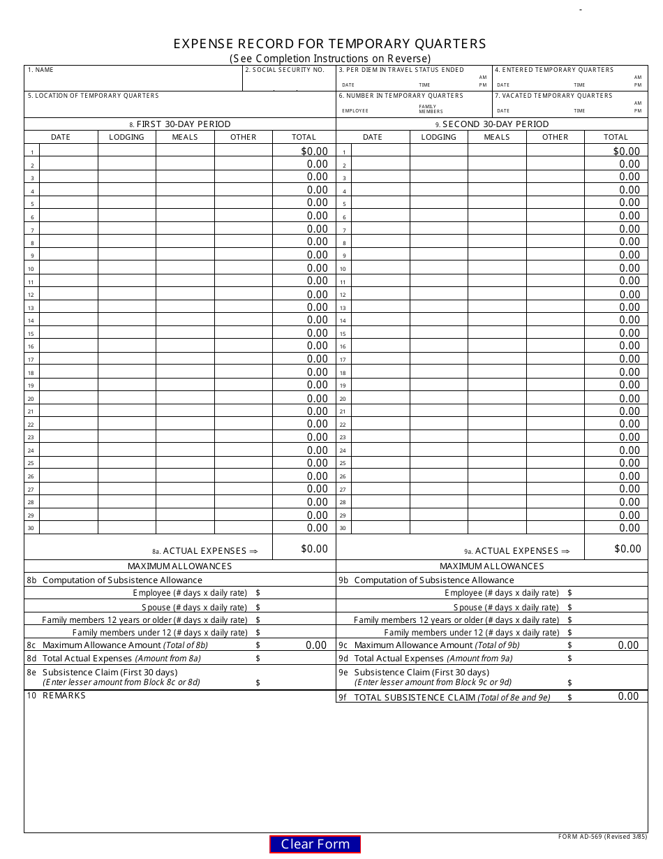 Form AD-569 Expense Record for Temporary Quarters, Page 1