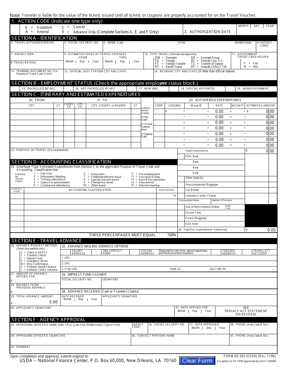 Form AD-202 Travel Authorization / Advance, Page 1