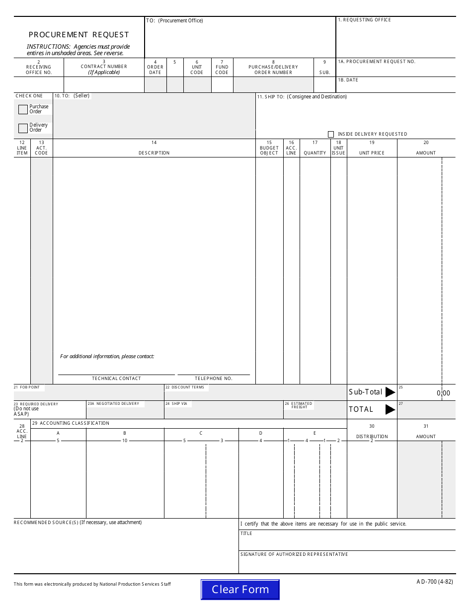 Form AD-700 Procurement Request, Page 1