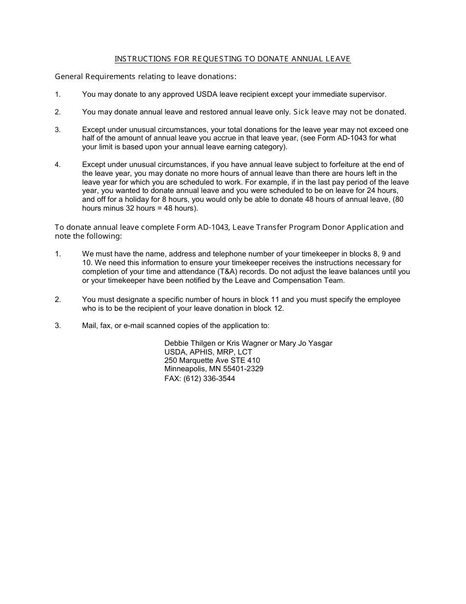 Instructions for Form AD-1043 Leave Transfer Program Donor Application, Page 1