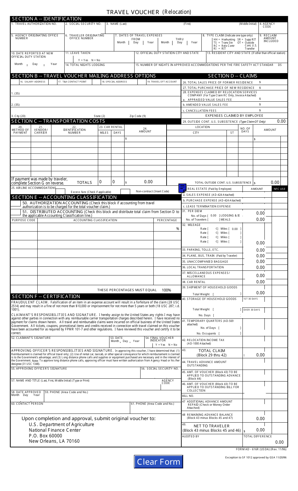 Form AD-616R Travel Voucher (Relocation), Page 1