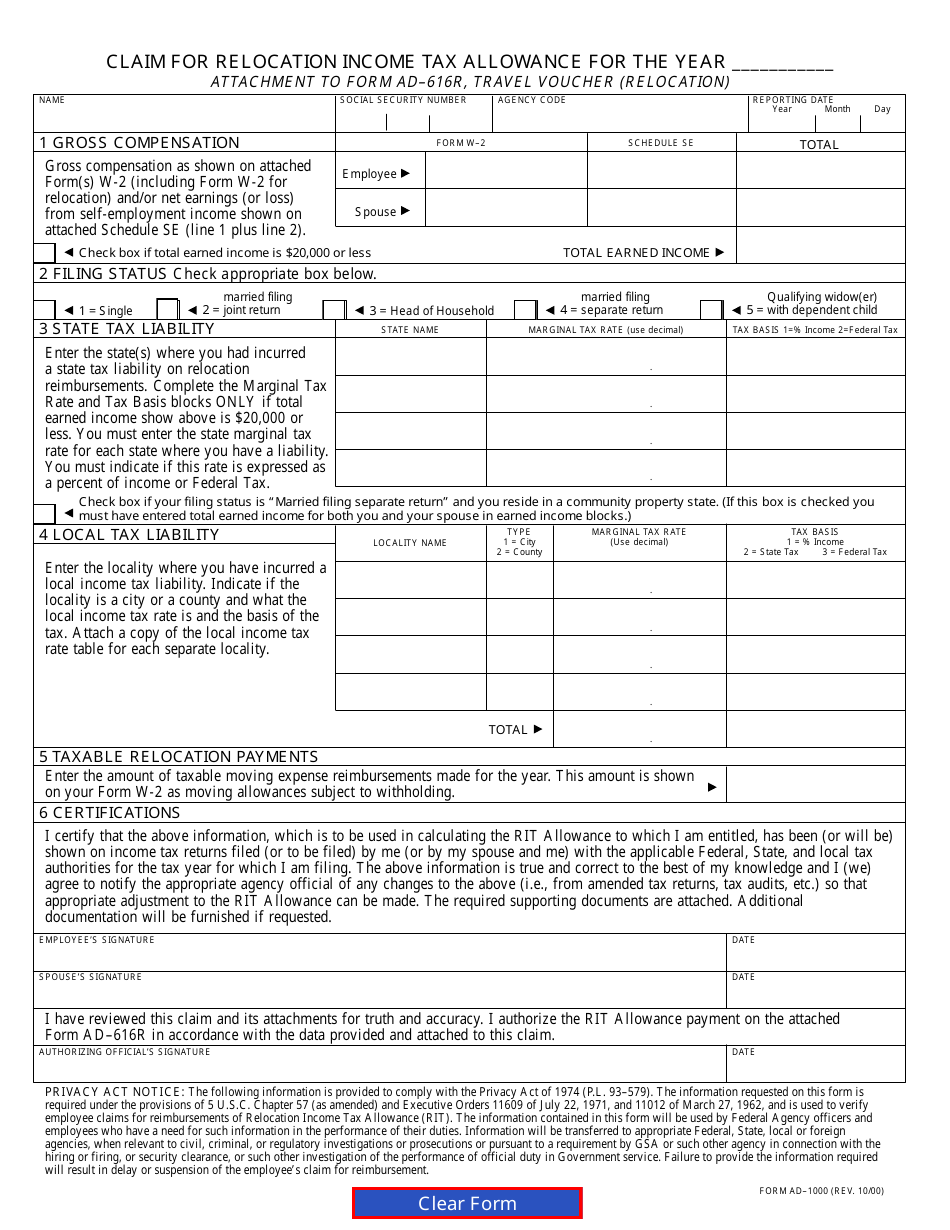 Form AD-1000 Claim for Relocation Income Tax Allowance, Page 1