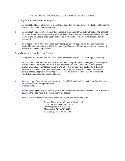 Instructions for Form AD-1046 Leave Transfer Program Recipient Application