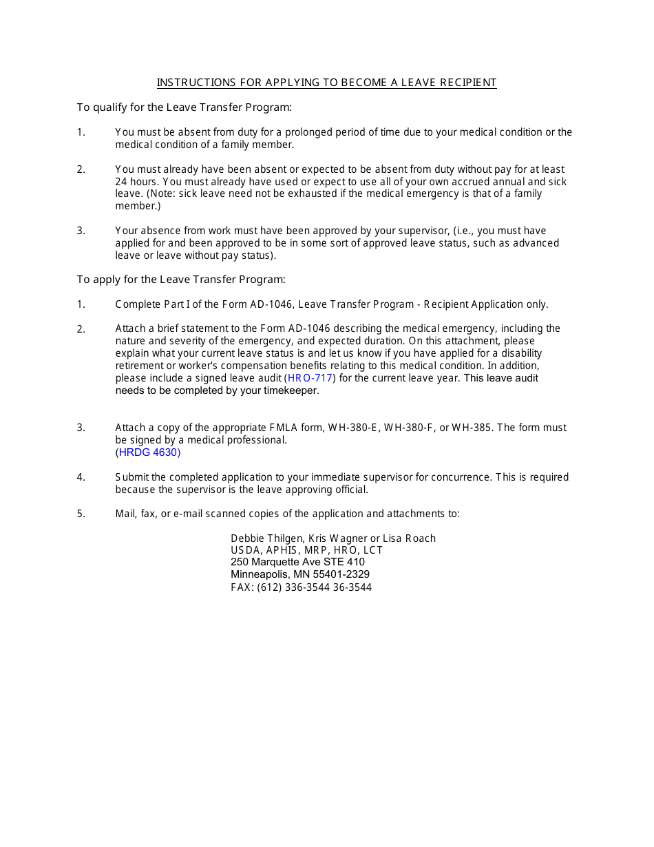 Instructions for Form AD-1046 Leave Transfer Program Recipient Application, Page 1