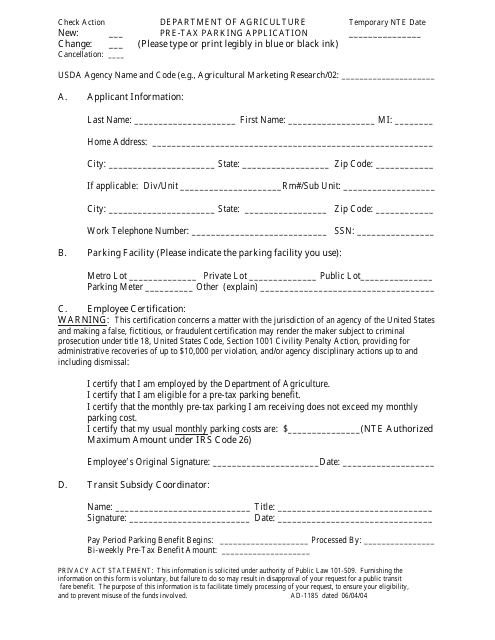 Form AD-1185 Pre-tax Parking Application