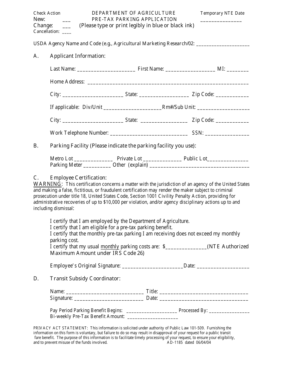 Form AD-1185 Pre-tax Parking Application, Page 1