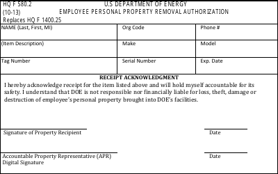 Document preview: DOE HQ Form 580.2 Employee Personal Property Removal Authorization