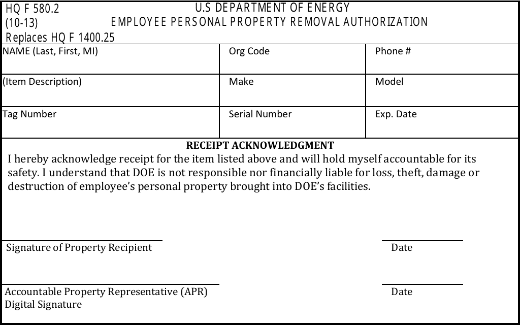 DOE HQ Form 580.2 Employee Personal Property Removal Authorization