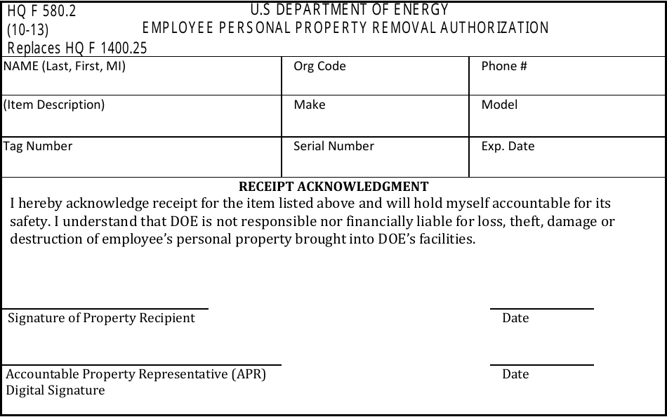 DOE HQ Form 580.2 Employee Personal Property Removal Authorization, Page 1