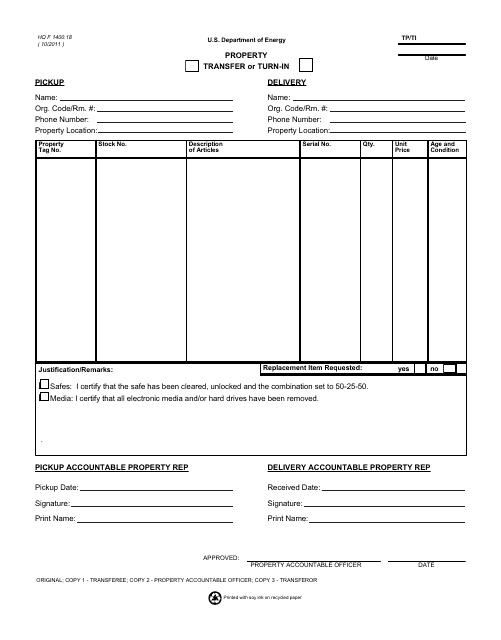 DOE HQ Form 1400.18  Printable Pdf