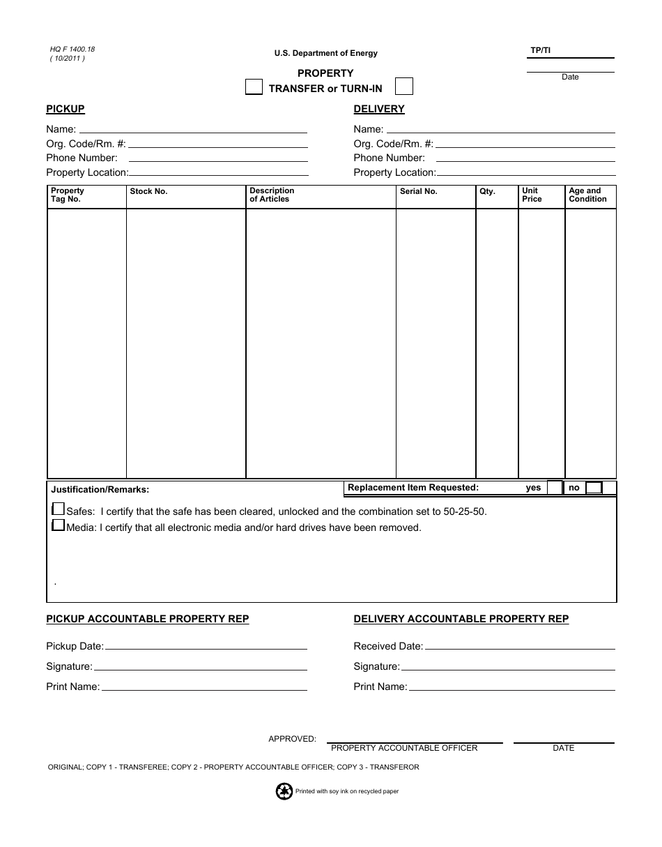 DOE HQ Form 1400.18 Property Transfer or Turn-In, Page 1