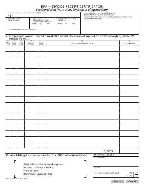Form AD-838D Bpa - Invoice Receipt Certification