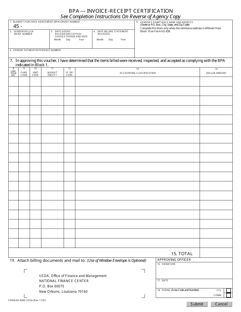 Form AD-838D Bpa - Invoice Receipt Certification, Page 1