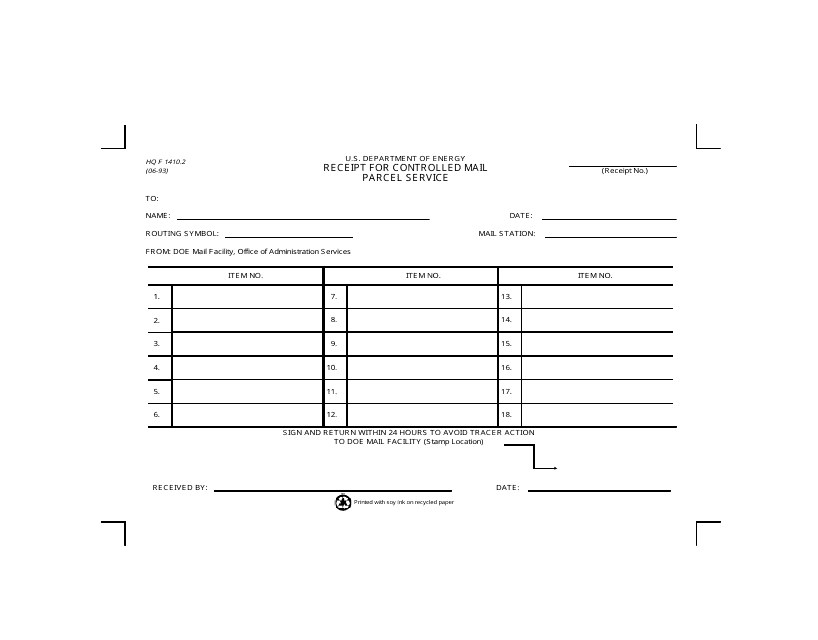 DOE HQ Form 1410.2 Receipt for Controlled Mail Parcel Service
