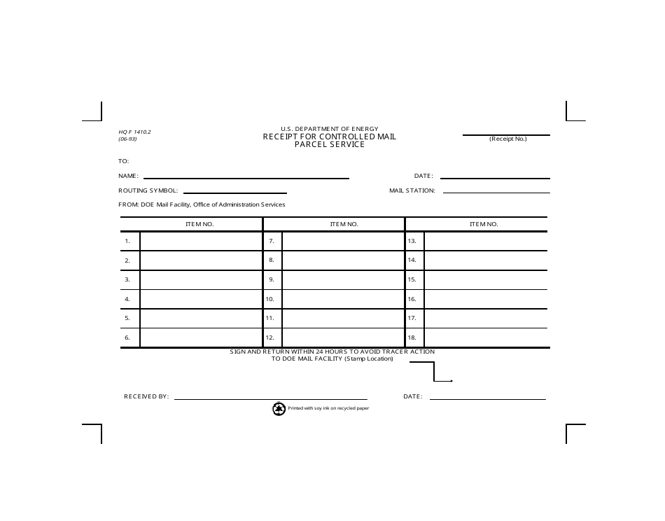 DOE HQ Form 1410.2 Receipt for Controlled Mail Parcel Service, Page 1