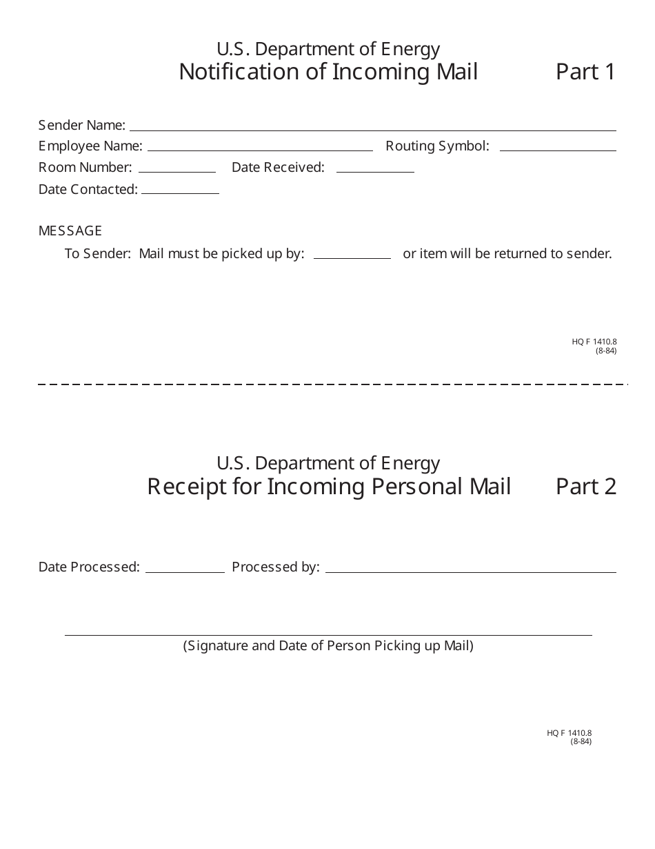 HQ Form 1410.8 Notification of Incoming Mail, Page 1