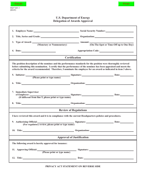 DOE HQ Form 331.1  Printable Pdf