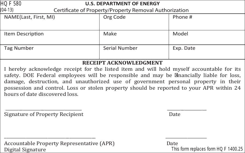 DOE HQ Form 580 Certificate of Property / Property Removal Authorization