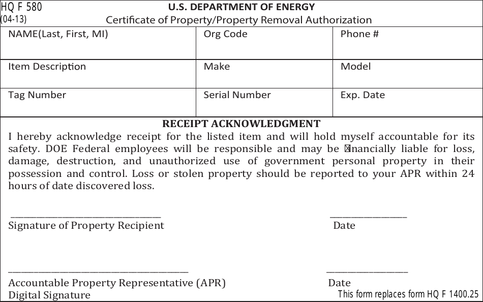 DOE HQ Form 580 Certificate of Property / Property Removal Authorization, Page 1