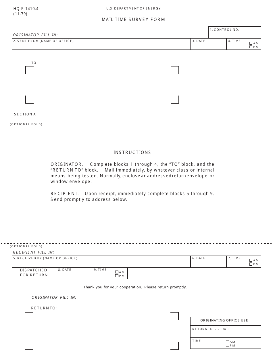 DOE HQ Form 1410.4 Mail Time Survey Form, Page 1