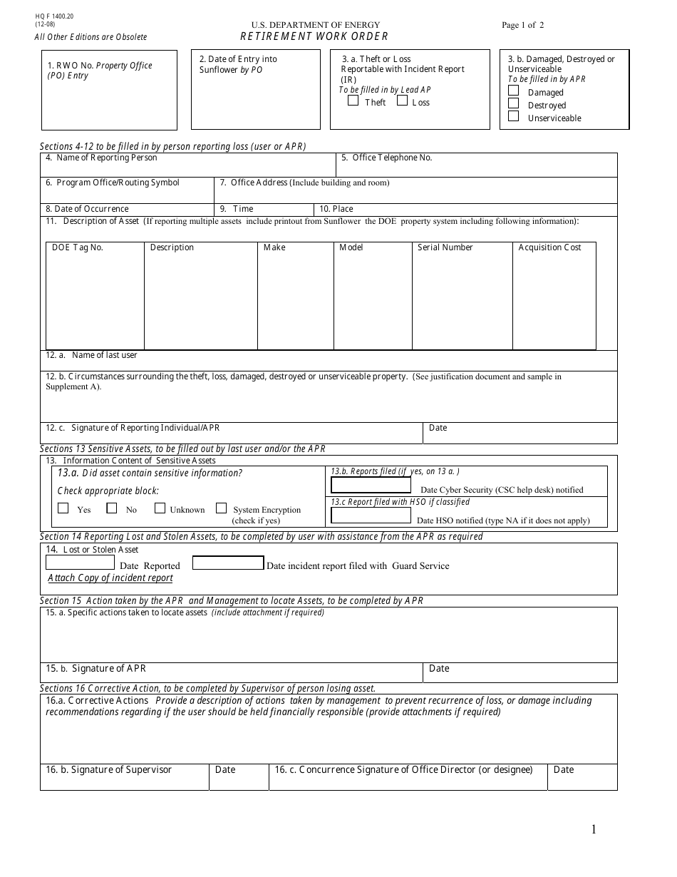 DOE HQ Form 1400.20 Retirement Work Order, Page 1