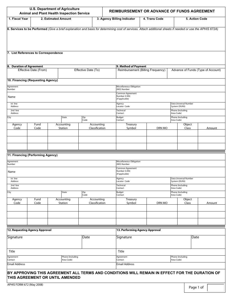 APHIS Form 672 Reimbursement or Advance of Funds Agreement, Page 1