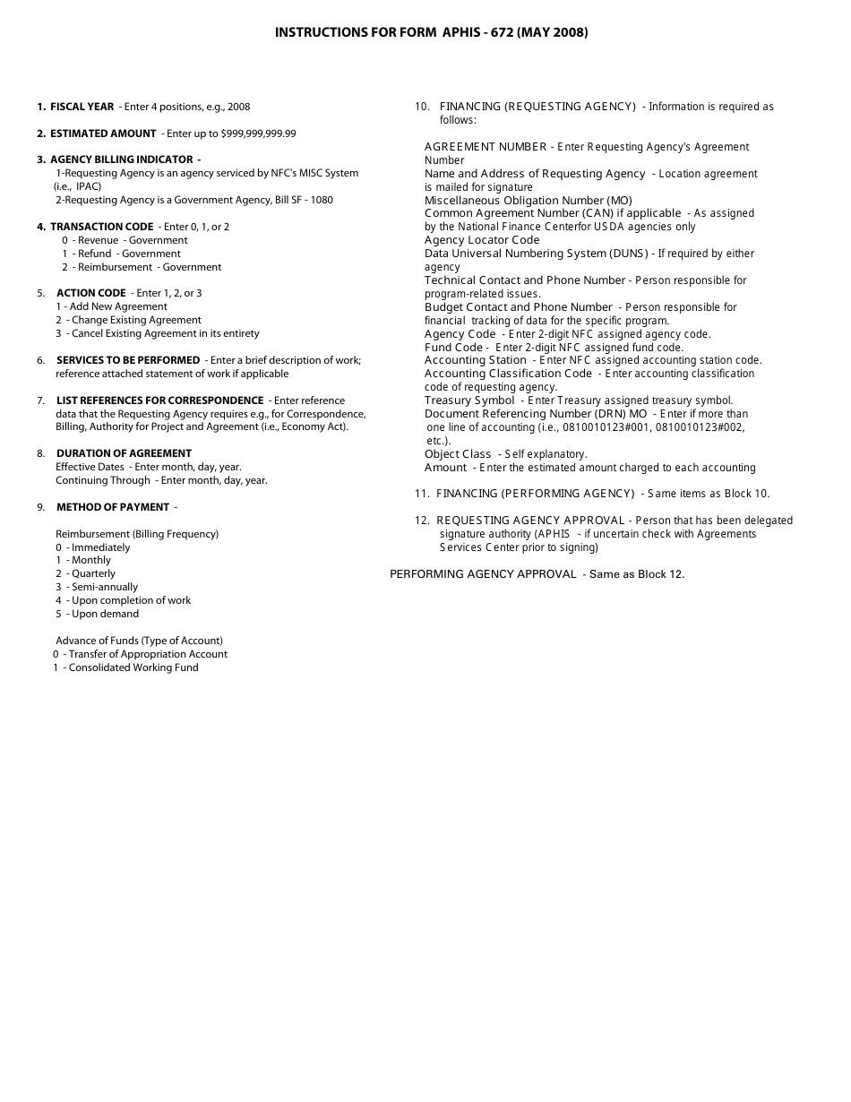 APHIS Form 672 Reimbursement or Advance of Funds Agreement, Page 2