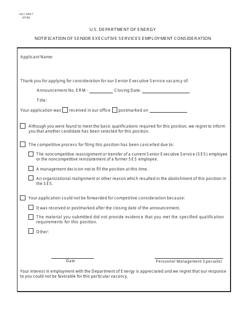 DOE HQ Form 3305.7 Notification of Senior Executive Services Employment Consideration