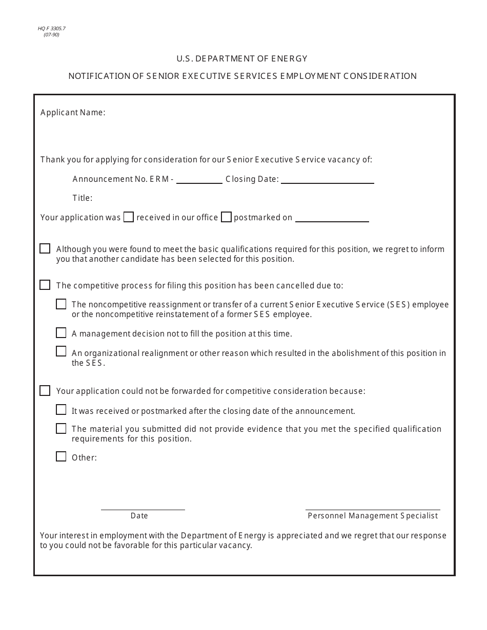 DOE HQ Form 3305.7 Notification of Senior Executive Services Employment Consideration, Page 1
