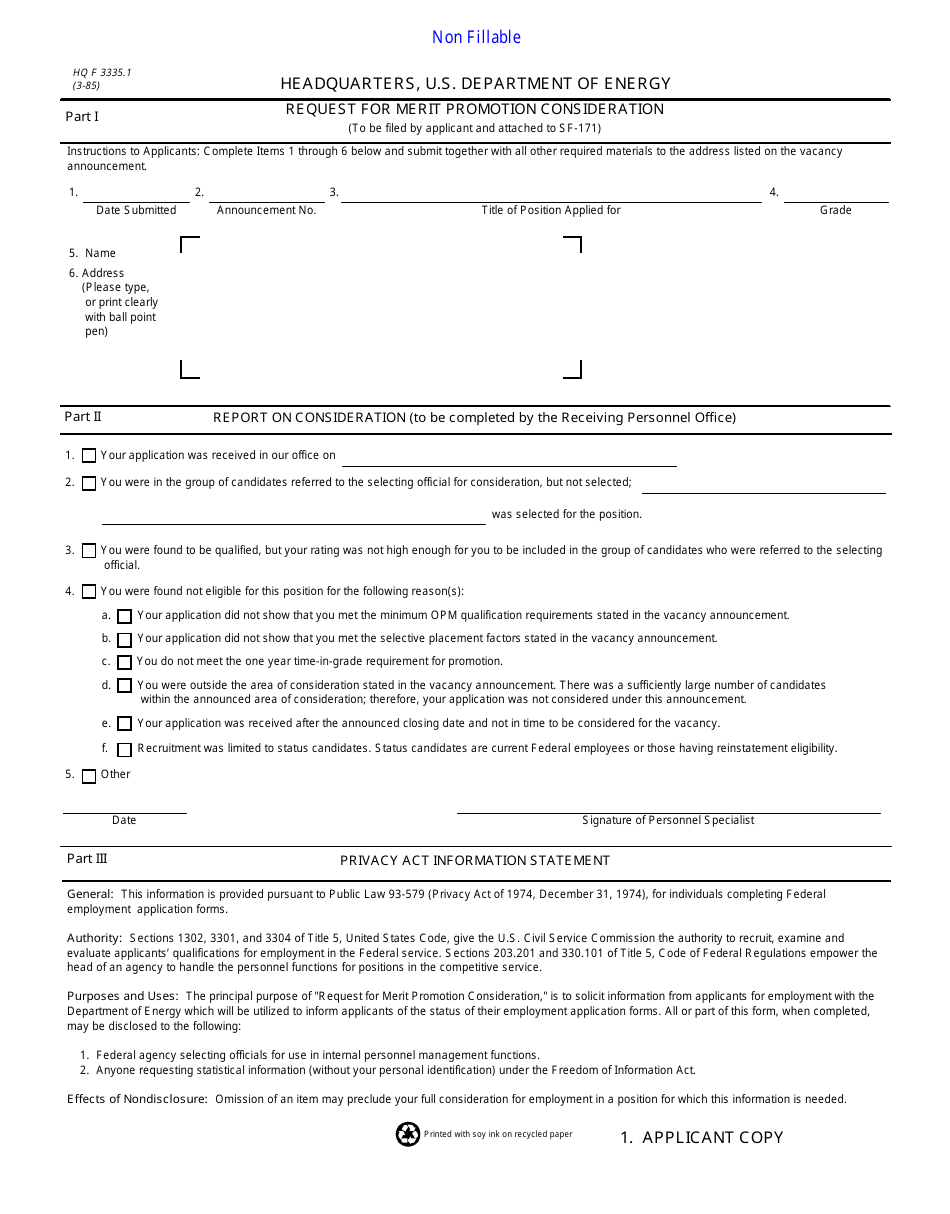 DOE HQ Form 3335.1 Request for Merit Promotion Consideration, Page 1