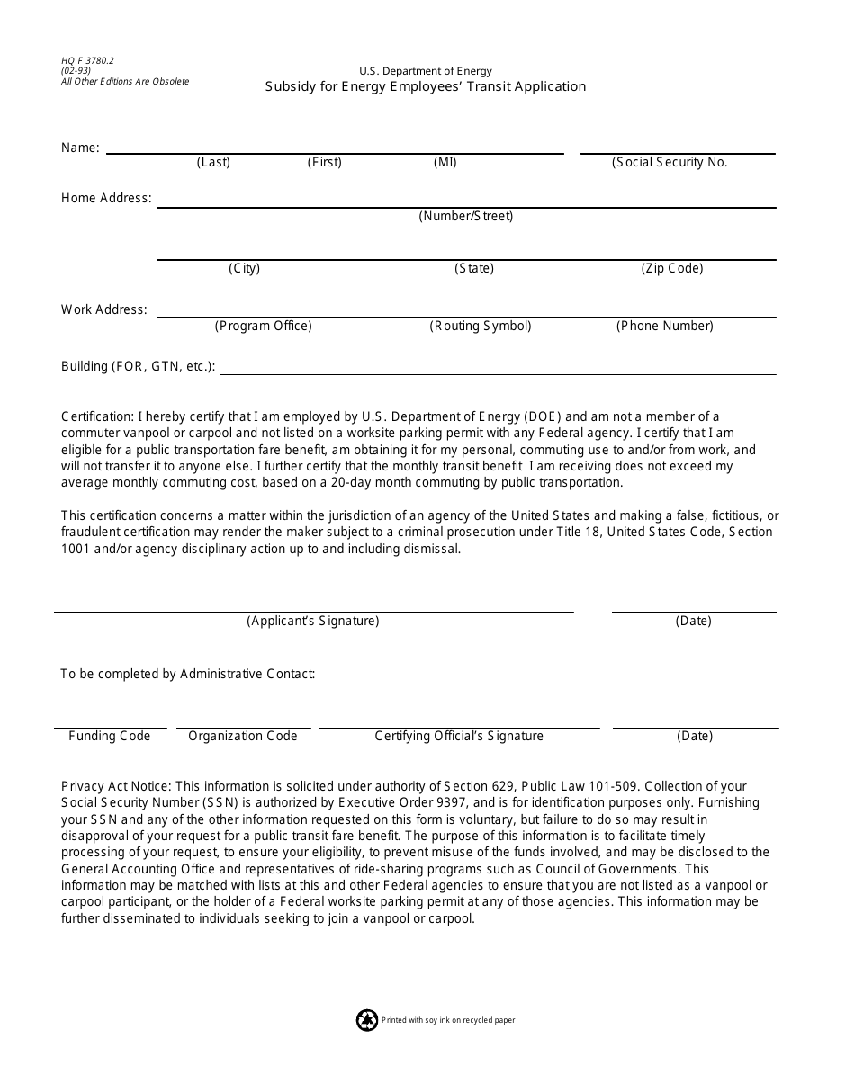 DOE HQ Form 3780.2 Subsidy for Energy Employees Transit Application, Page 1